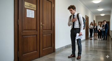 Student przed salą egzaminacyjną.